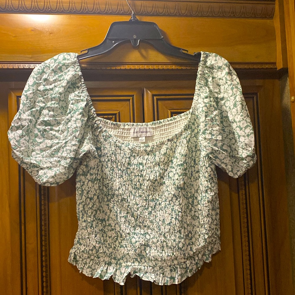 Lost + Wander Green and White Floral Smocked Crop Top